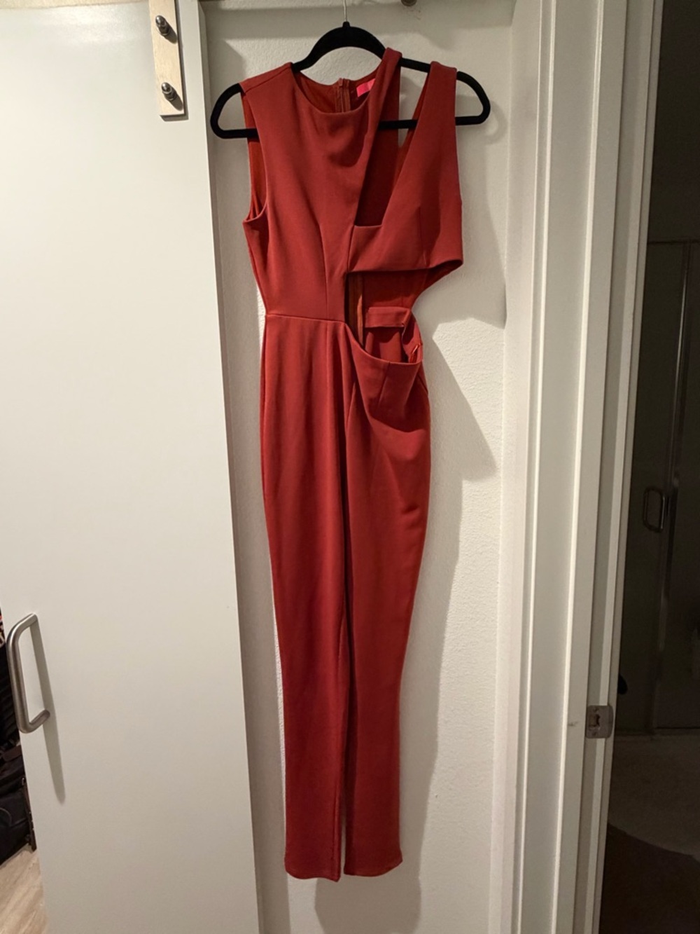 One-Shoulder Rust Red Cutout Jumpsuit
